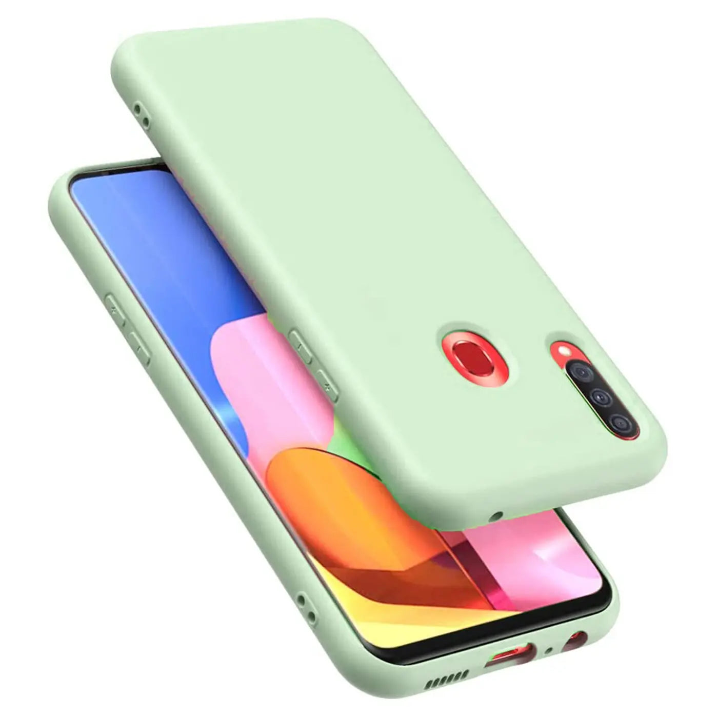 Hellgrüne Silikonhülle mit Mikrofaserfutter für Samsung Galaxy A20s, von schräg oben fotografiert.