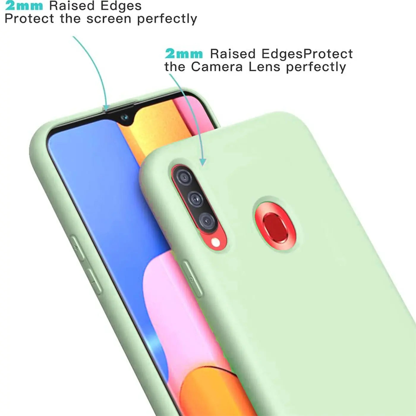 Hellgrüne Silikonhülle mit Mikrofaser-Innenfutter für Samsung Galaxy A20s, von schräg oben.