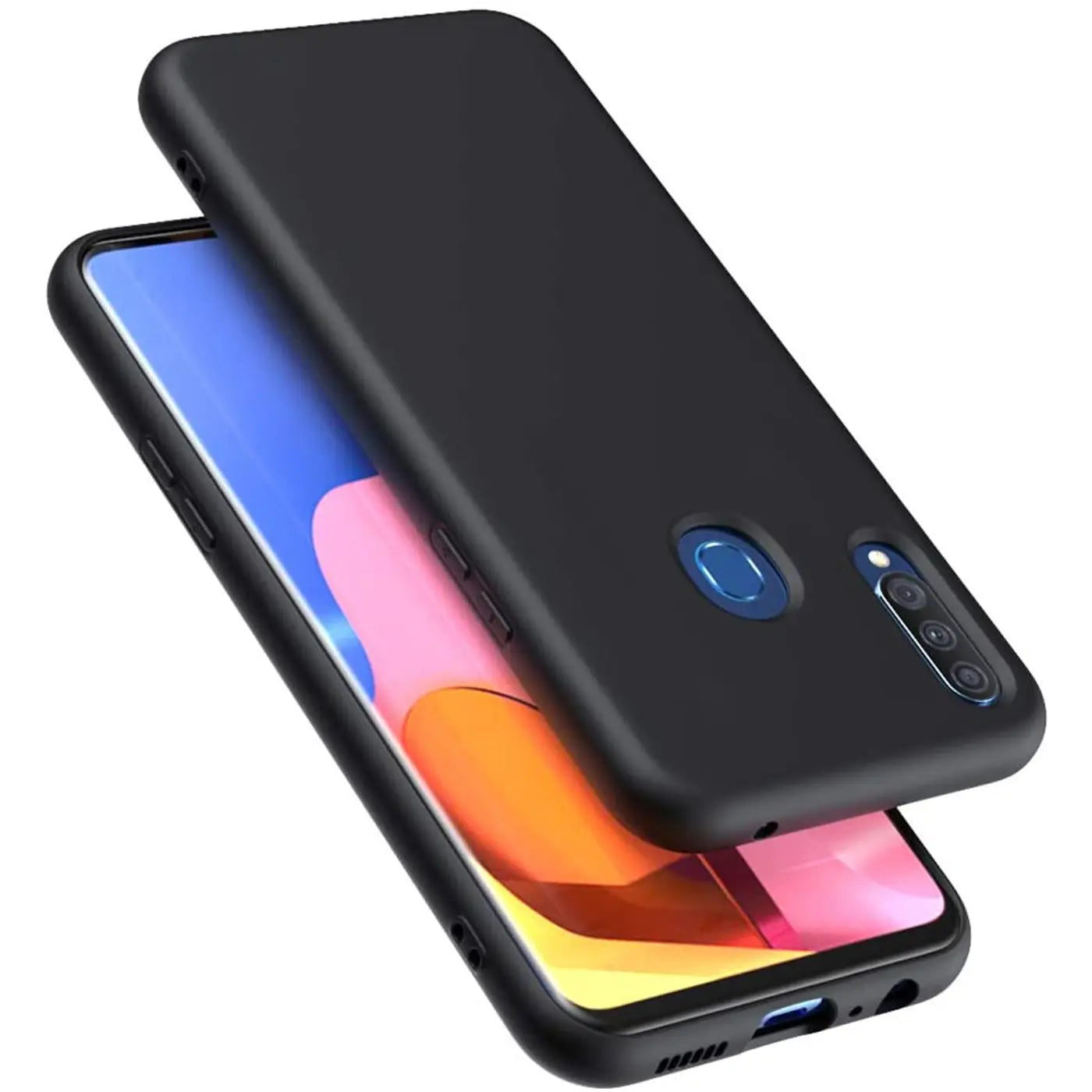 Schwarze Silikonhülle mit Mikrofaser-Innenfutter für Samsung Galaxy A20s, von schräg oben