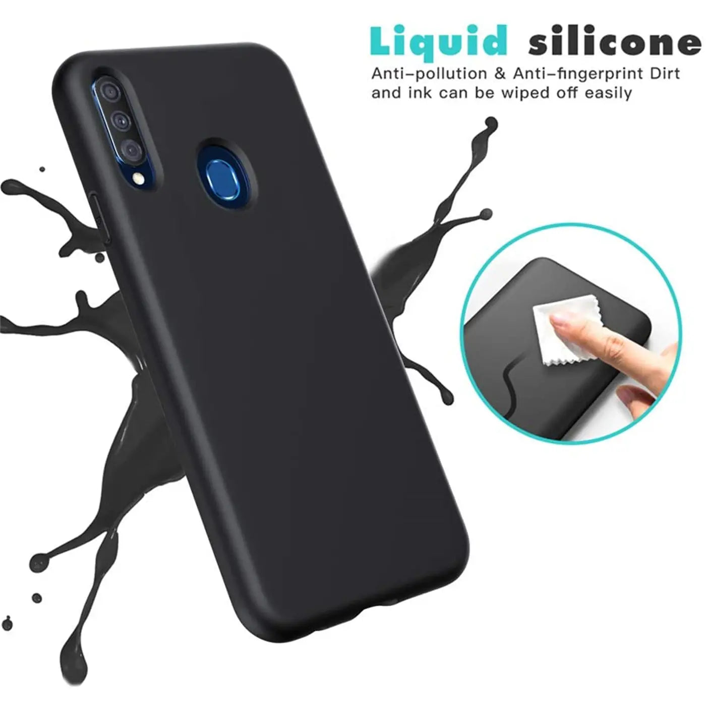 Schwarze Silikonhülle für Samsung Galaxy A20s, von hinten, leicht schräg