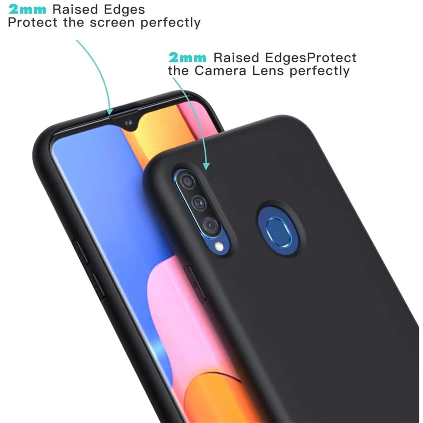 Schwarze Silikonhülle mit Mikrofaser-Innenfutter für Samsung Galaxy A20s, von schräg oben