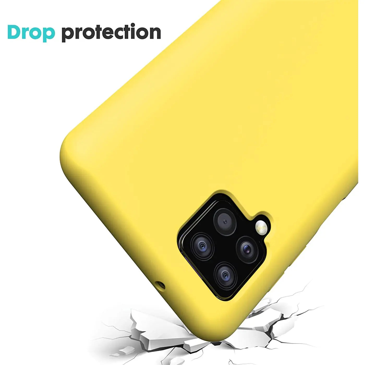 Gelbe Silikonhülle auf einem Samsung Galaxy A22 4G/M32/M22, Nahaufnahme von hinten.