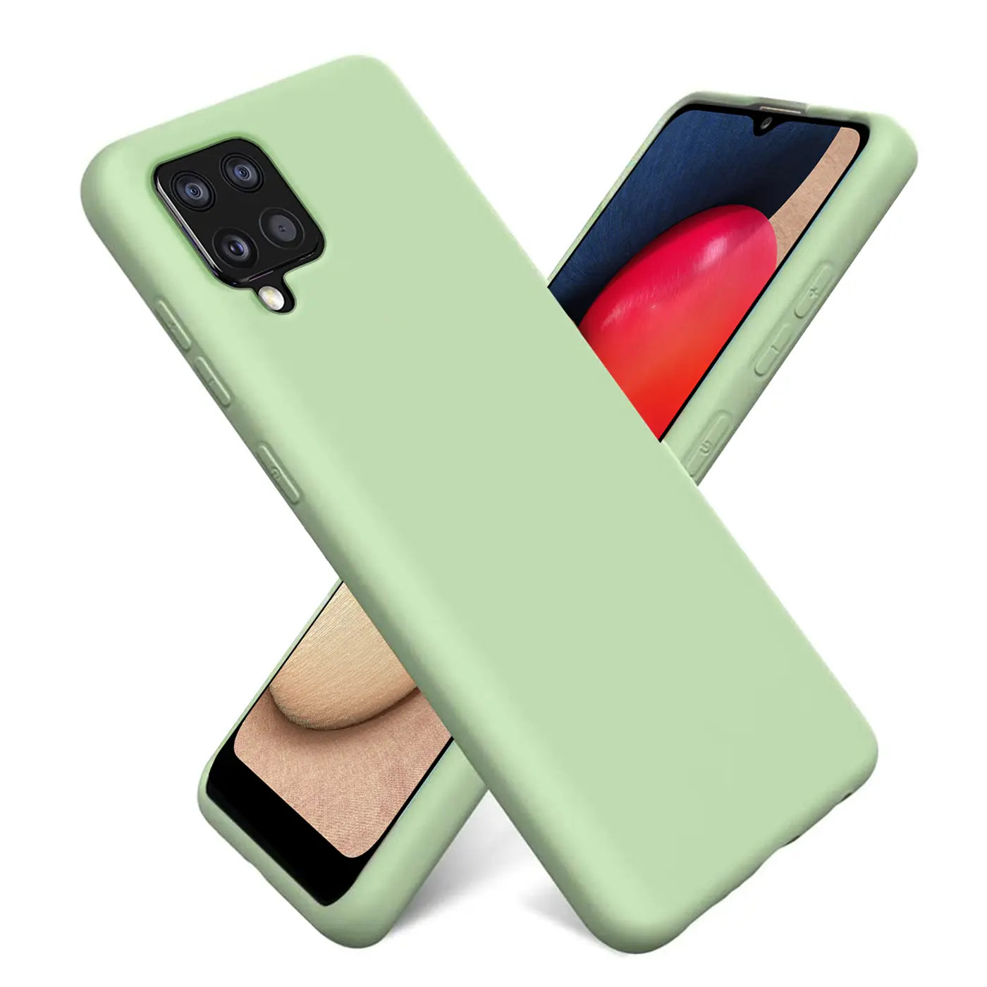 Hellgrüne Silikonhülle mit Mikrofaser-Innenfutter, schräg von vorne, zeigt Samsung Galaxy A22 4G/M32/M22.