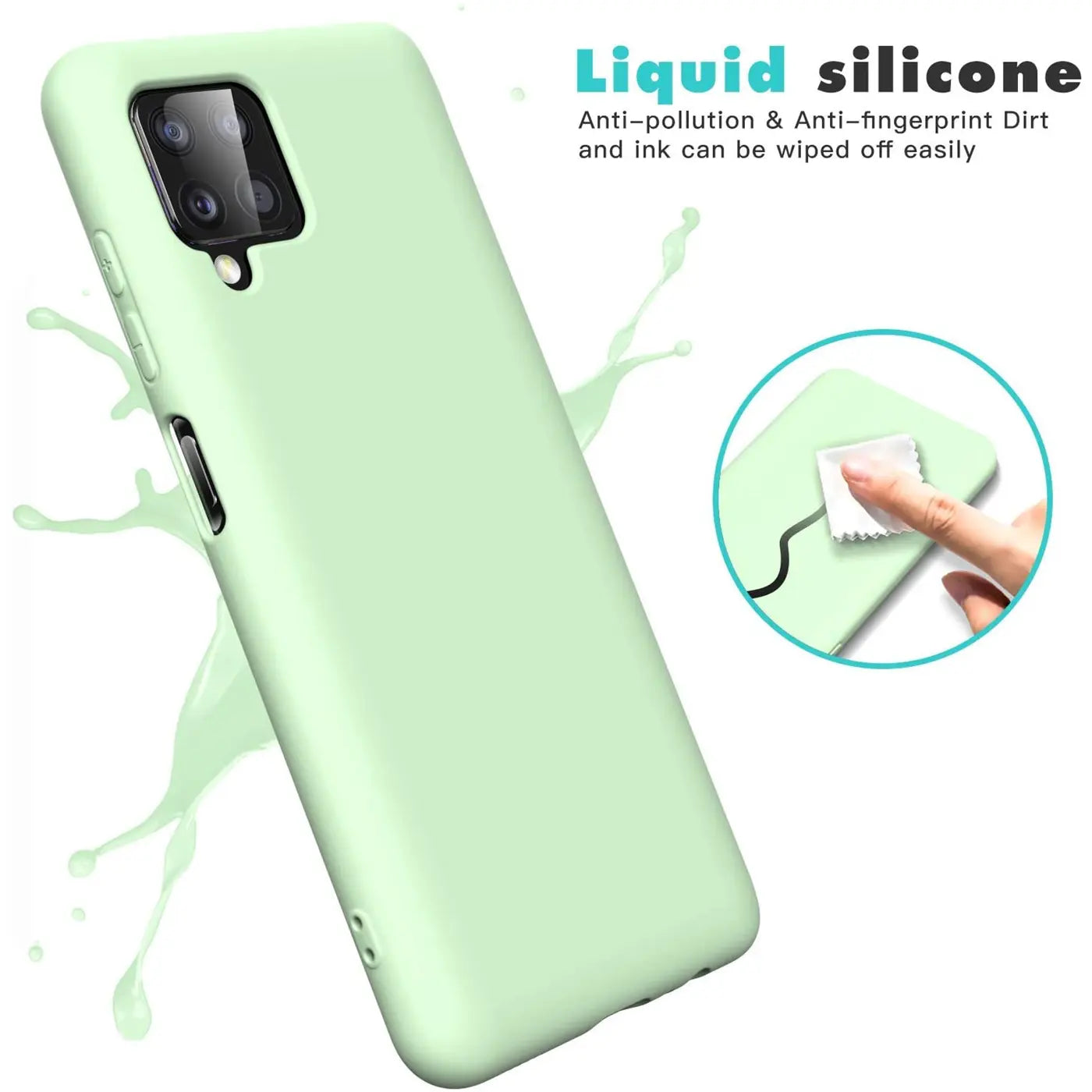 Hellgrüne Silikonhülle für Samsung Galaxy A22 4G/M32/M22, von schräg oben gesehen.