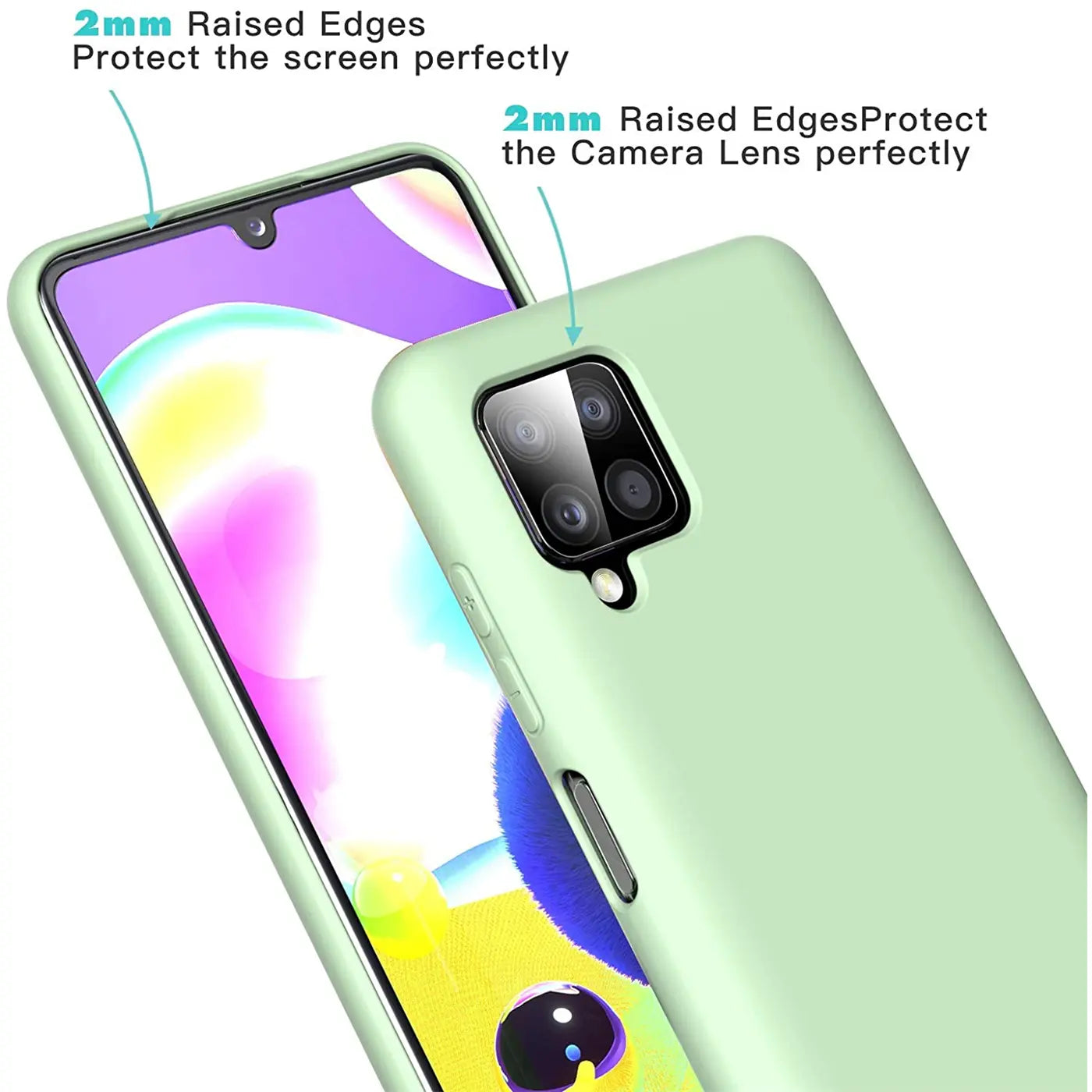 Hellgrüne Silikonhülle auf Samsung Galaxy A22 4G/M32/M22, Nahaufnahme.