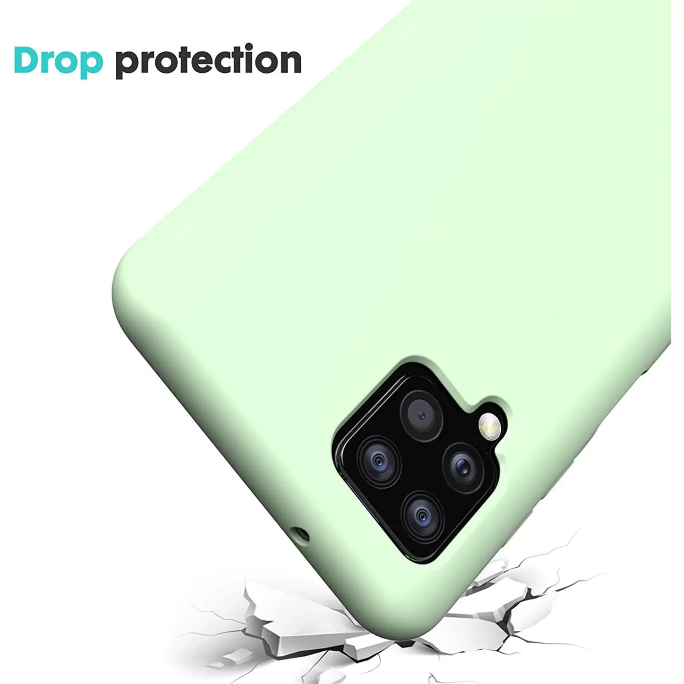 Hellgrüne Silikonhülle auf einem Samsung Galaxy A22 4G/M32/M22, Nahaufnahme von hinten.