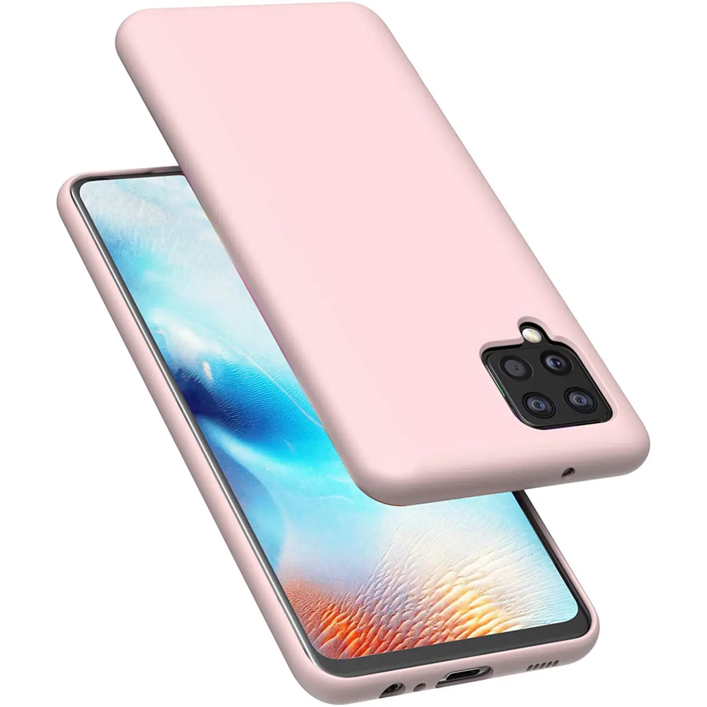 Rosa Silikonhülle auf Samsung Galaxy A22 4G/M32/M22, von schräg oben, Rückseite sichtbar.