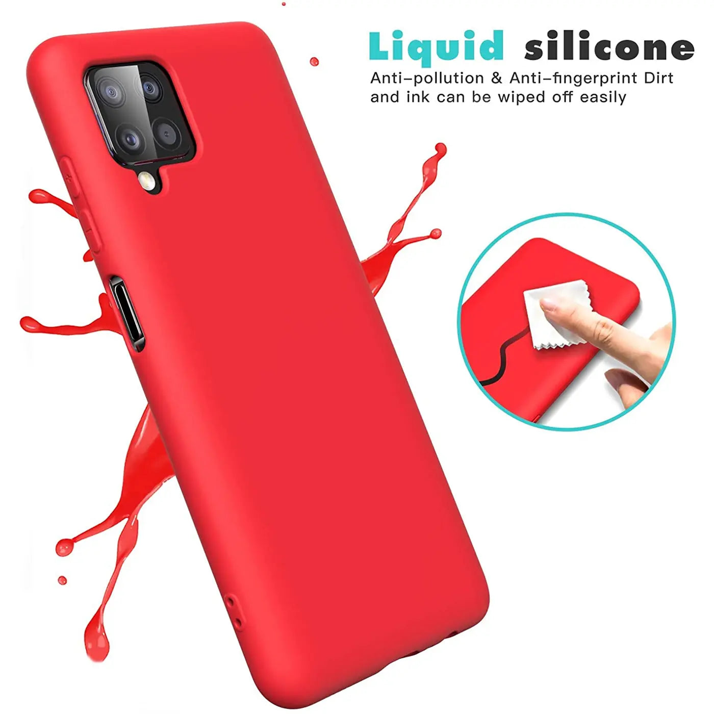 Rote Silikonhülle für Samsung A22 4G/M32/M22, Seitenansicht, mit Spritzern.