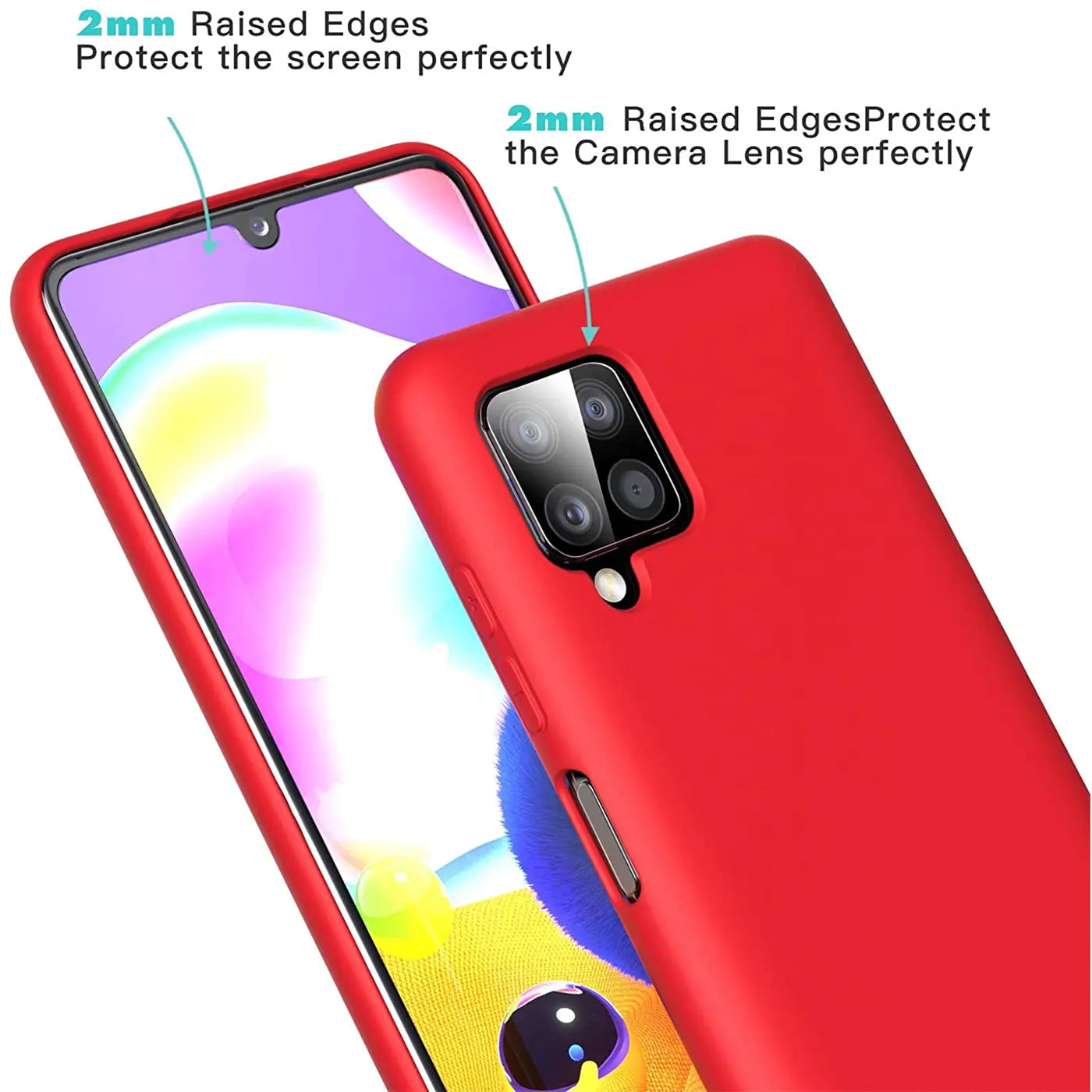 Rote Silikonhülle auf einem Samsung Galaxy A22 4G. Nahaufnahme, Rückseite und Seite.