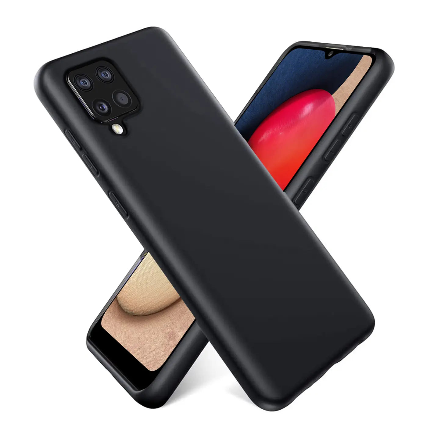 Schwarze Silikonhülle auf Samsung Galaxy A22 4G/M32/M22, von schräg oben.