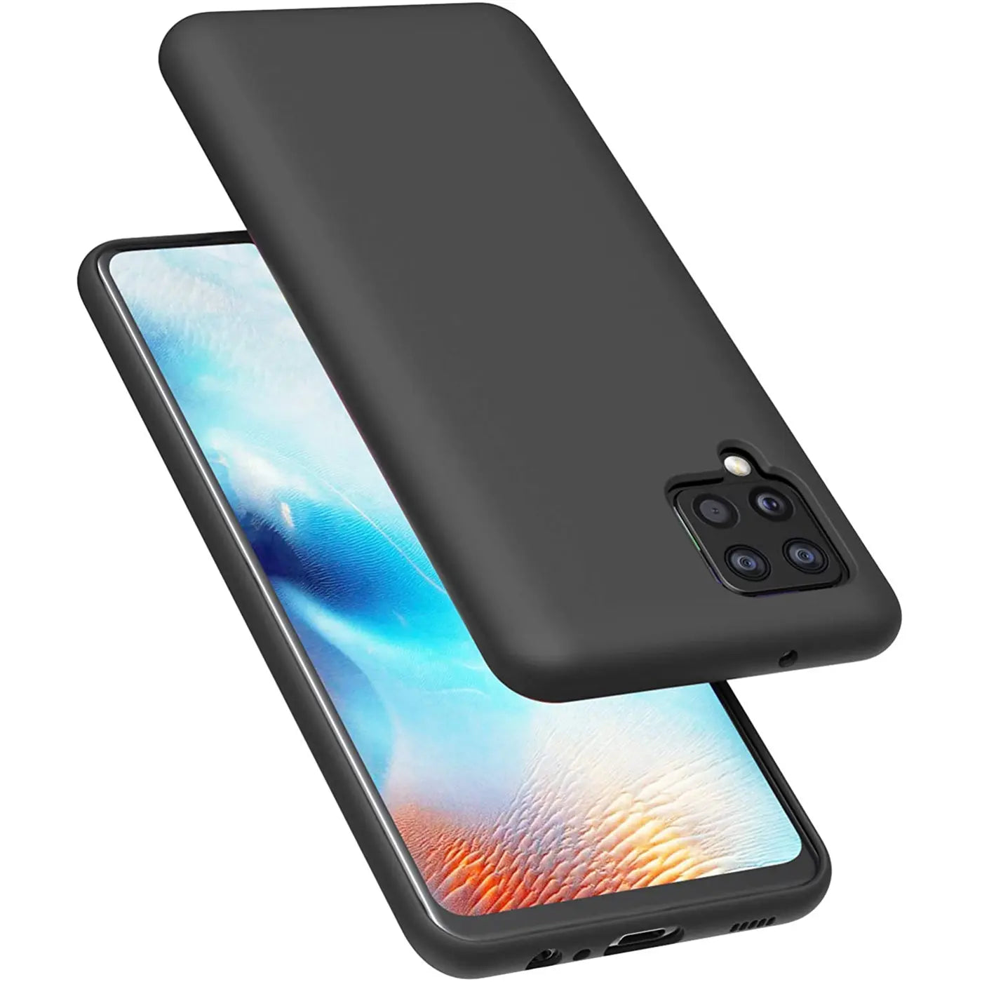 Dunkelgraue Silikonhülle auf Samsung Galaxy A22 4G/M32/M22, von schräg oben