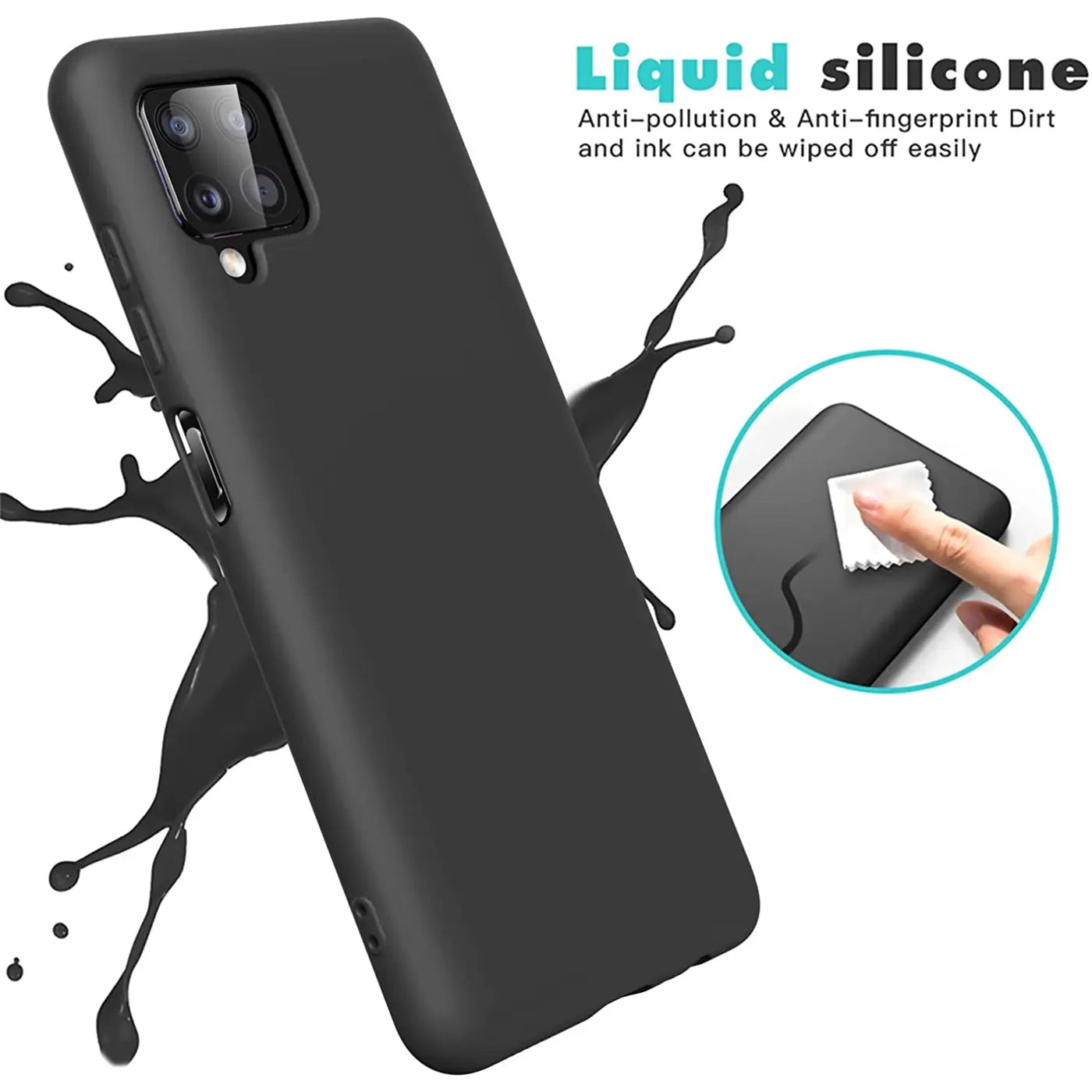 Schwarze Silikonhülle für Samsung Galaxy A22 4G/M32/M22, von vorne links.