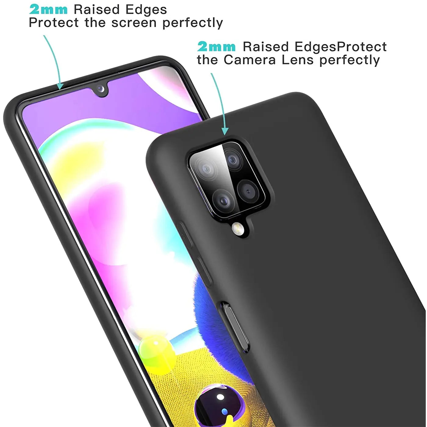 Schwarze Silikonhülle auf Samsung Galaxy A22 4G/M32/M22, Rückansicht, Nahaufnahme.