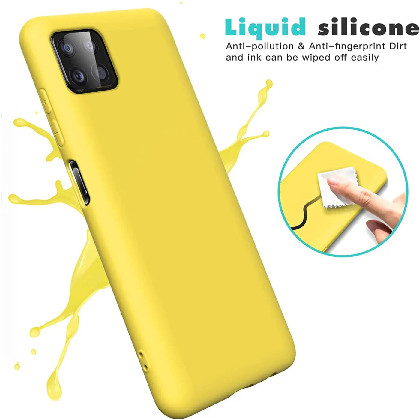 Gelbe Silikonhülle für Samsung Galaxy A22 5G, von schräg oben, mit gelben Spritzern.
