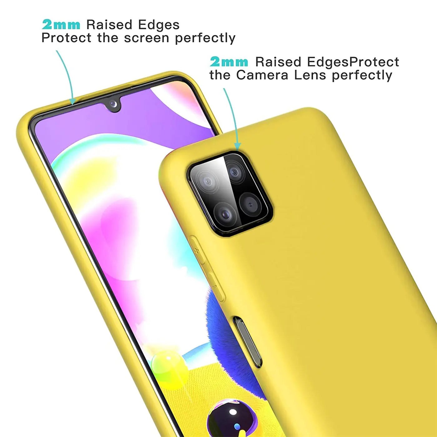 Gelbe Silikonhülle für Samsung Galaxy A22 5G, von schräg oben, Rückseite und Bildschirm sichtbar.