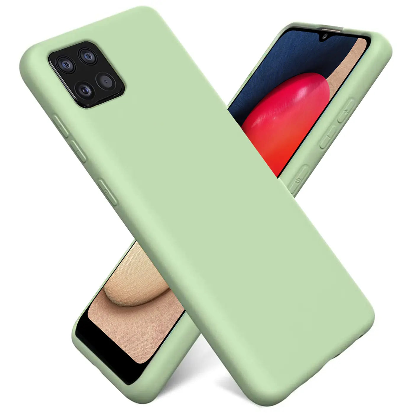 Hellgrüne Silikonhülle für Samsung Galaxy A22 5G, von schräg oben, mit Blick auf die Kamera.