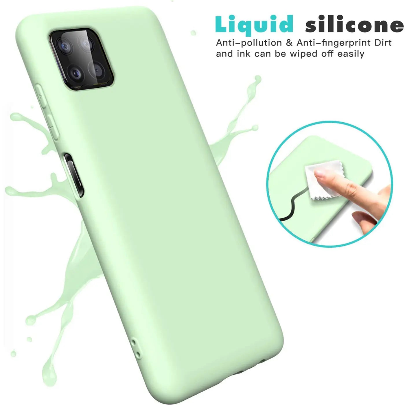 Helle grüne Silikonhülle für Samsung Galaxy A22 5G, von schräg oben fotografiert.