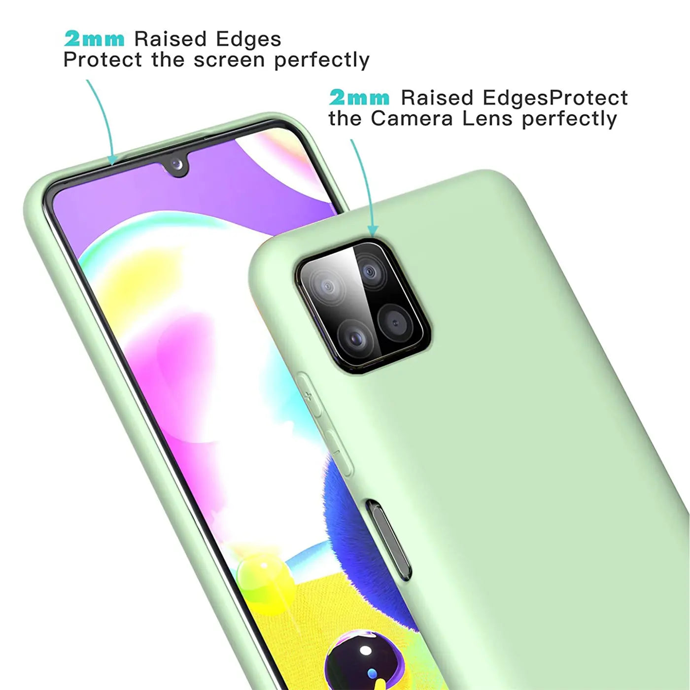 Helle grüne Silikonhülle auf einem Samsung Galaxy A22 5G, von schräg oben fotografiert.
