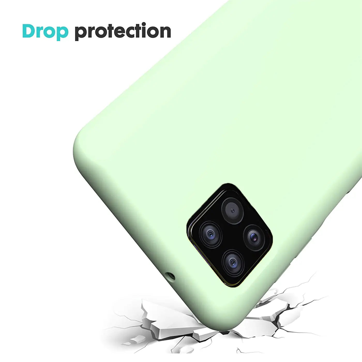 Hellgrüne Silikonhülle mit Mikrofaser-Innenfutter, Rückansicht, Samsung Galaxy A22 5G.