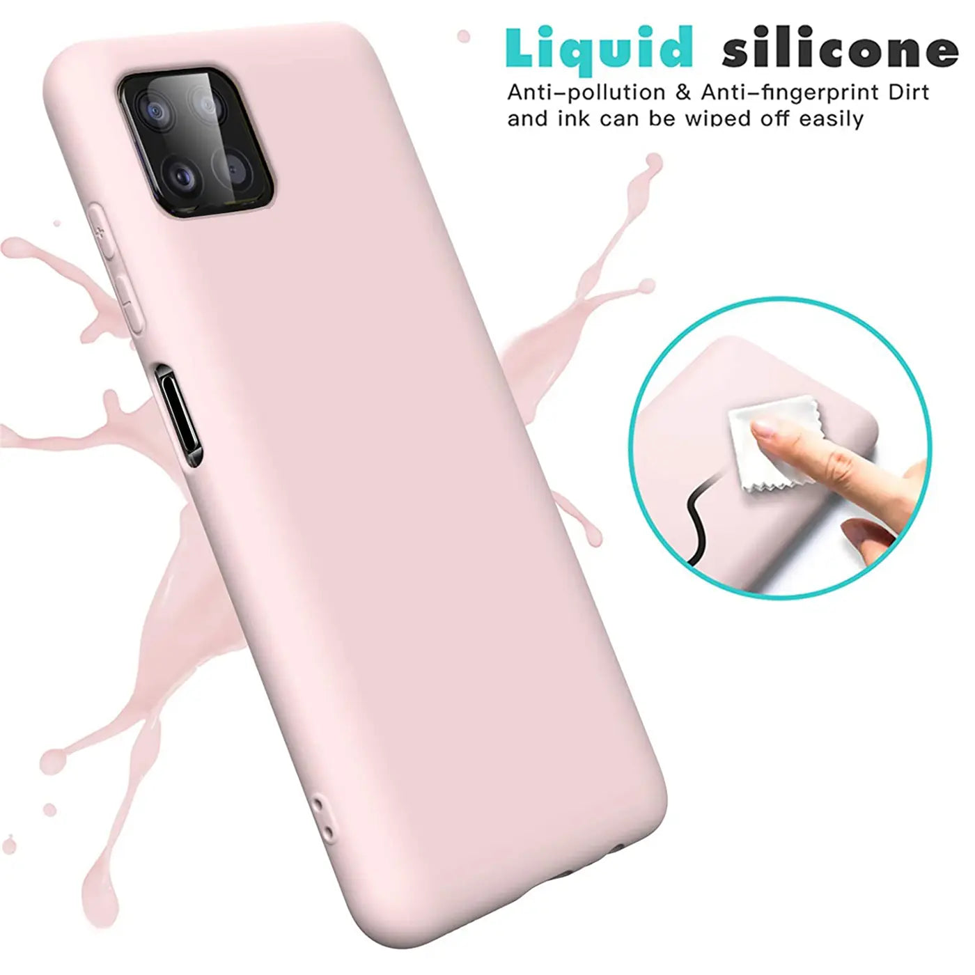 Helle rosa Silikonhülle für Samsung Galaxy A22 5G, von schräg vorne, mit Mikrofaser-Innenfutter.
