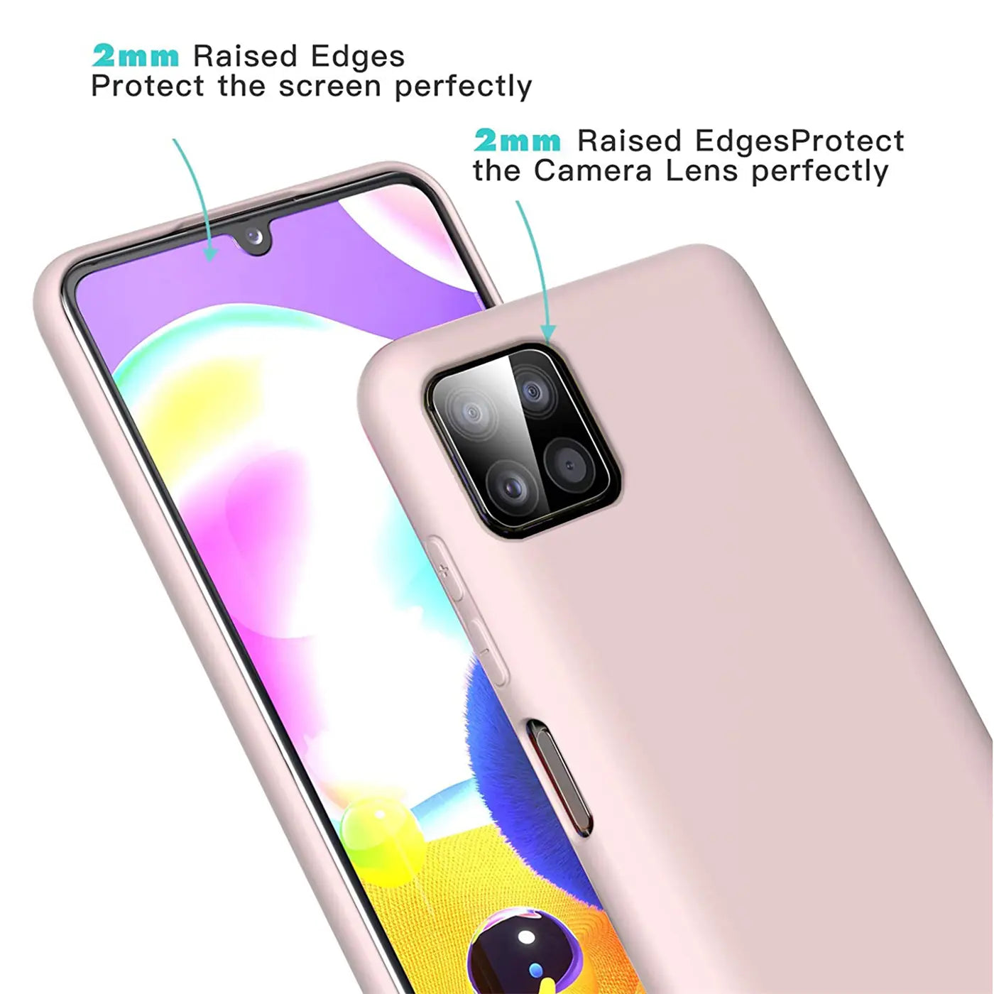 Rosa Silikonhülle auf Samsung Galaxy A22 5G, Nahaufnahme, Rückseite und Bildschirm sichtbar.