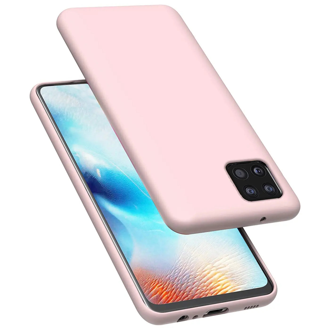 Rosa Silikonhülle mit Mikrofaser-Innenfutter, schützt Samsung Galaxy A22 5G.