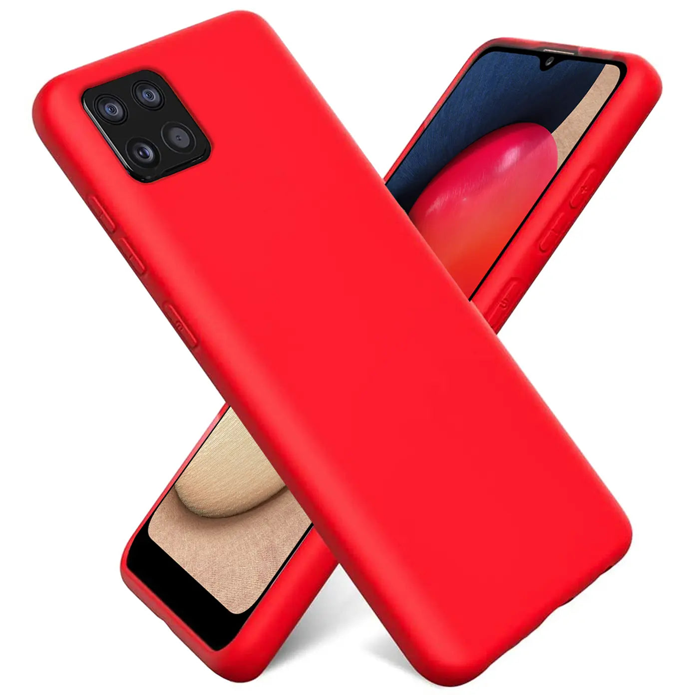 Rote Silikonhülle mit Mikrofaser-Innenfutter, Vorderansicht, Samsung Galaxy A22 5G sichtbar.
