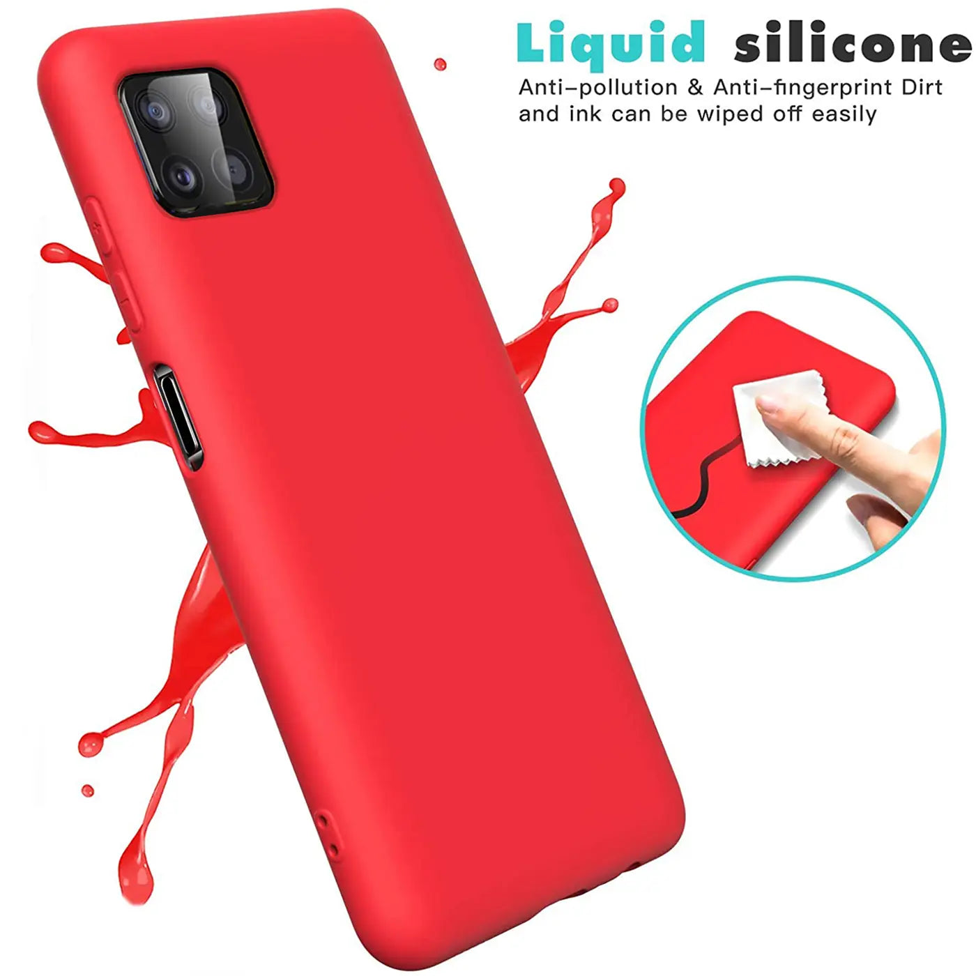 Rote Silikonhülle für Samsung Galaxy A22 5G, von schräg oben, mit roter Flüssigkeitsspritzern.