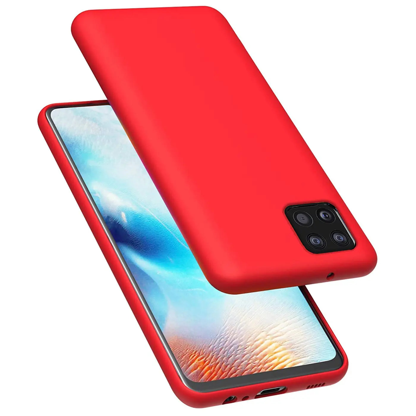 Rote Silikonhülle auf Samsung Galaxy A22 5G, von schräg oben gesehen.