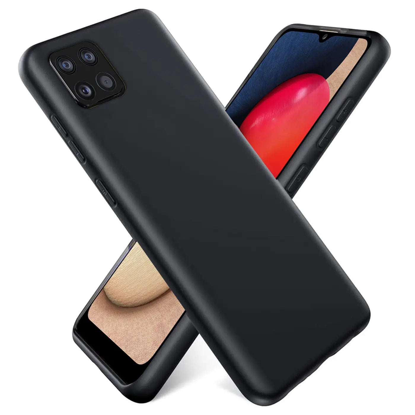 Schwarze Silikonhülle für Samsung Galaxy A22 5G, von vorne/oben, Mikrofaser-Innenfutter.