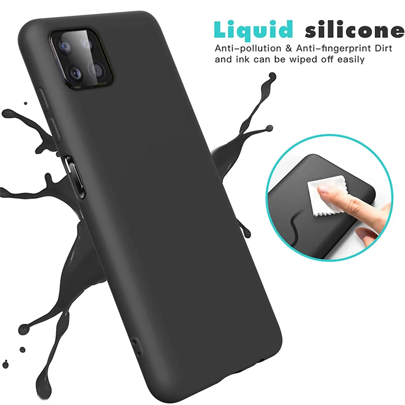 Schwarze Silikonhülle, seitliche Ansicht, zeigt Kameraaussparung für Samsung Galaxy A22 5G.