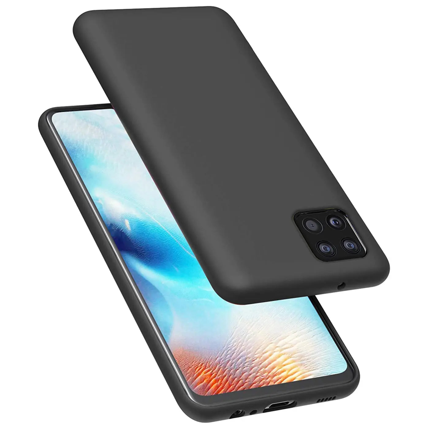 Graue Silikonhülle auf Samsung Galaxy A22 5G, von schräg oben.