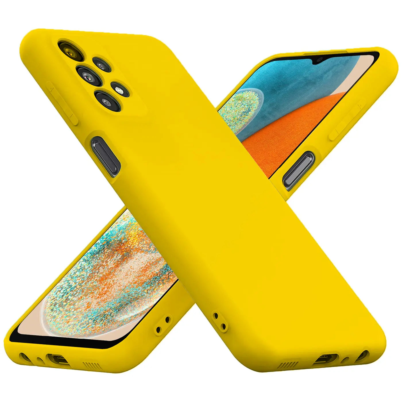 Gelbe Silikonhülle für Samsung Galaxy A23 5G, von vorne/oben, mit Mikrofaser-Innenfutter.