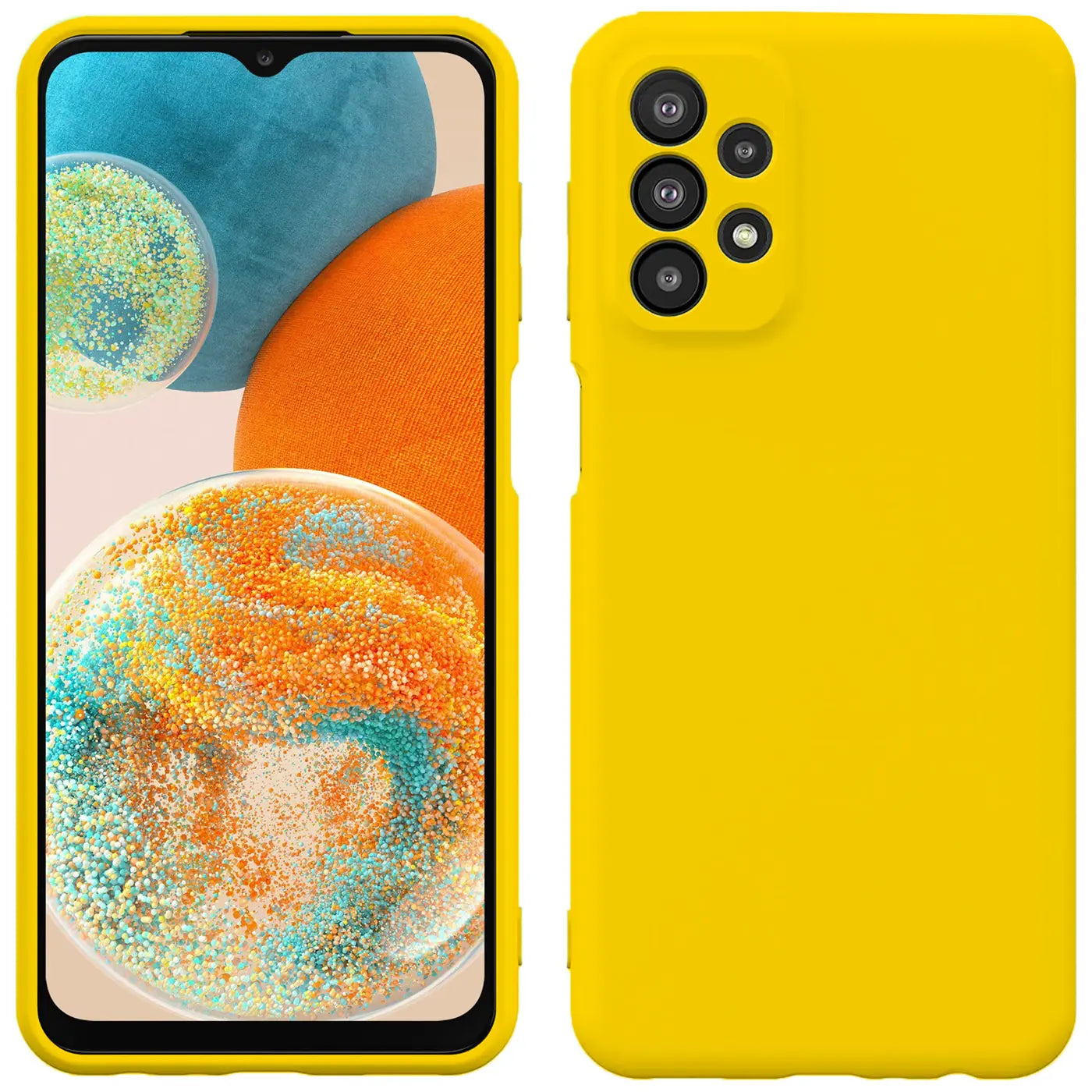 Gelbe Silikonhülle für Samsung Galaxy A23 5G, Vorder- und Rückansicht