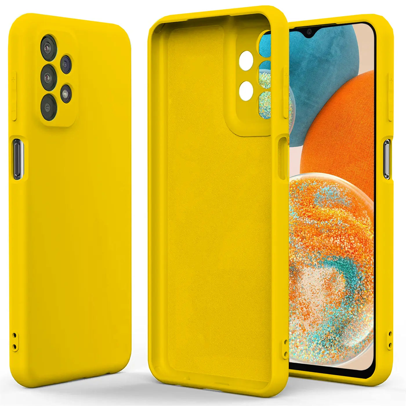Gelbe Silikonhülle, Vorder- und Rückansicht, mit Samsung Galaxy A23 5G