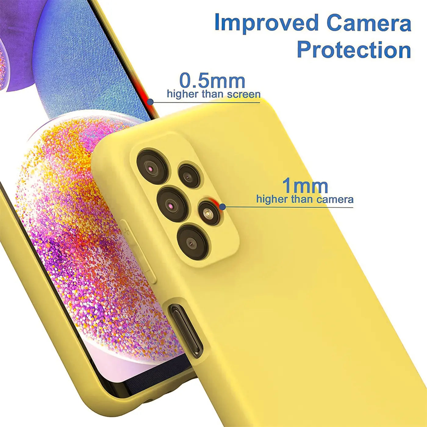 Gelbe Silikonhülle auf Samsung Galaxy A23 5G, Rückansicht, Nahaufnahme.