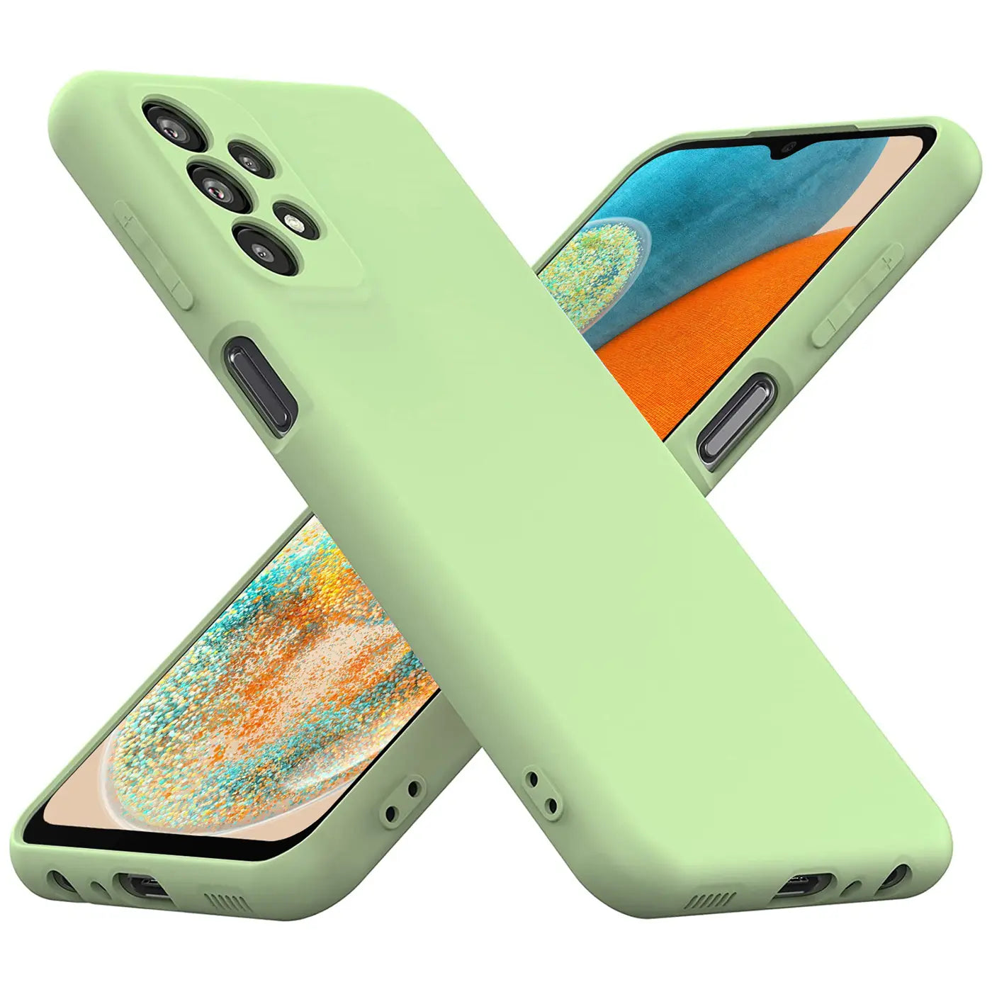 Helle grüne Silikonhülle mit Mikrofaser-Innenfutter, schräg von oben, zeigt Samsung Galaxy A23 5G.