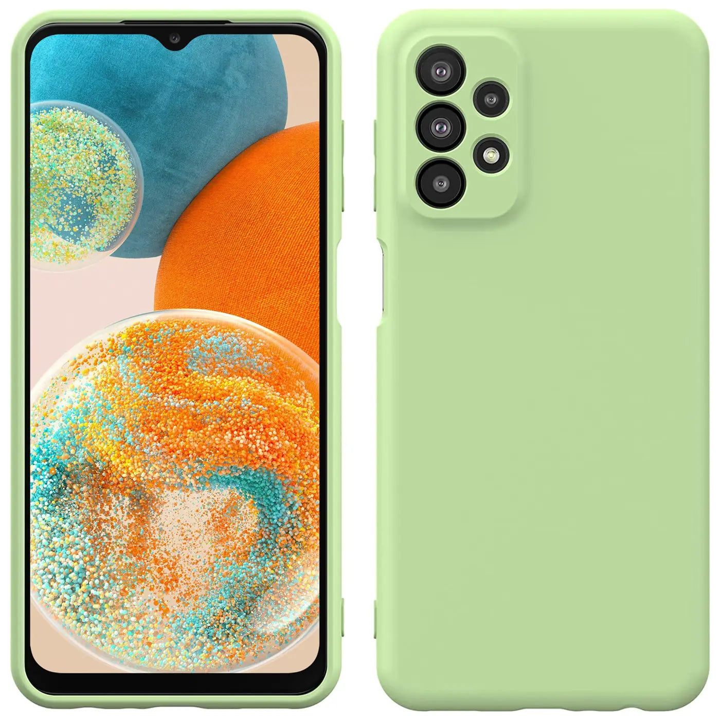 Helle grüne Silikonhülle für Samsung Galaxy A23 5G, von vorne und hinten gezeigt.