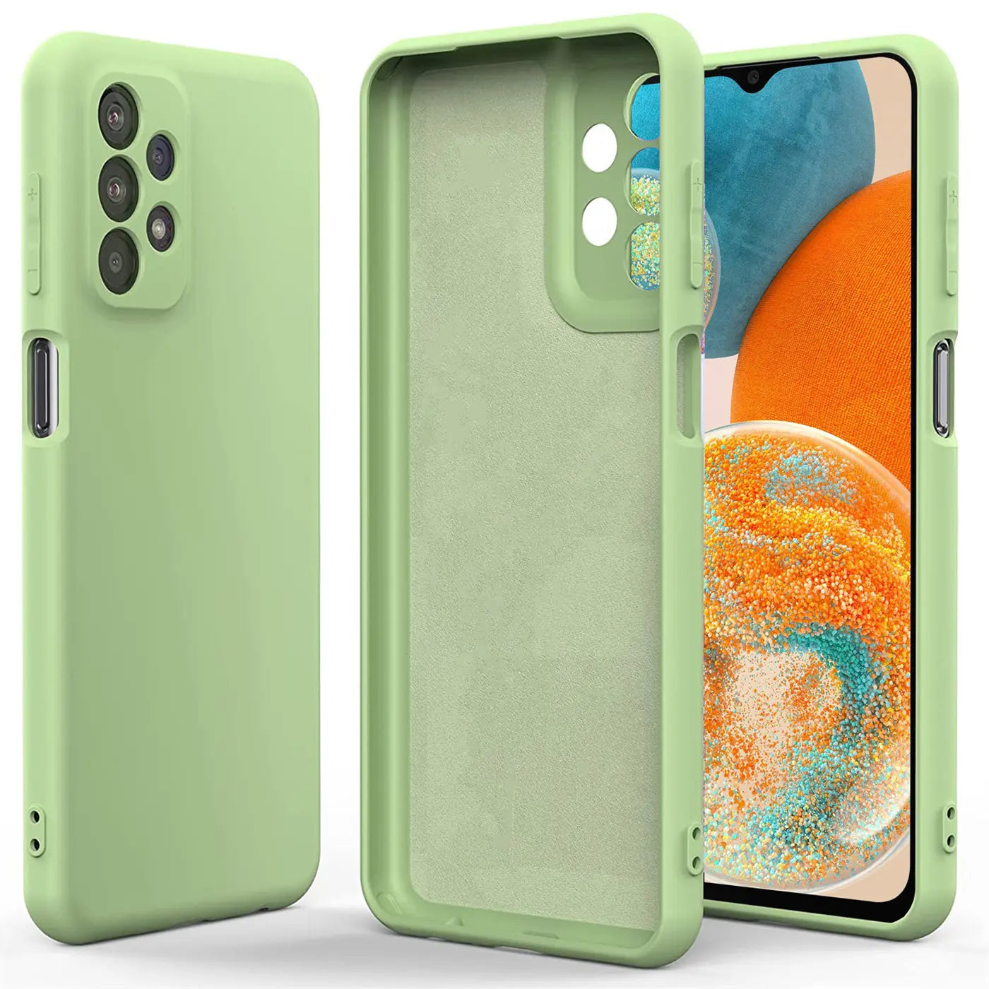 Grüne Silikonhülle, Mikrofaser innen, Vorder- und Rückansicht, Samsung Galaxy A23 5G.