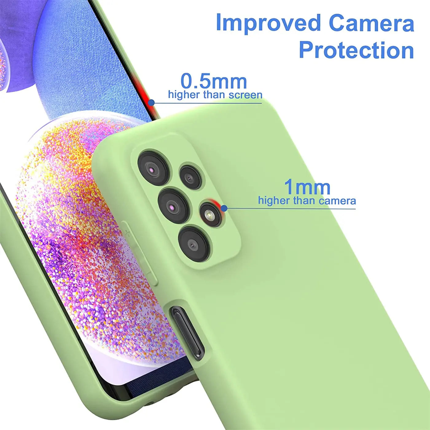 Grüne Silikonhülle, Nahaufnahme, Samsung Galaxy A23 5G.