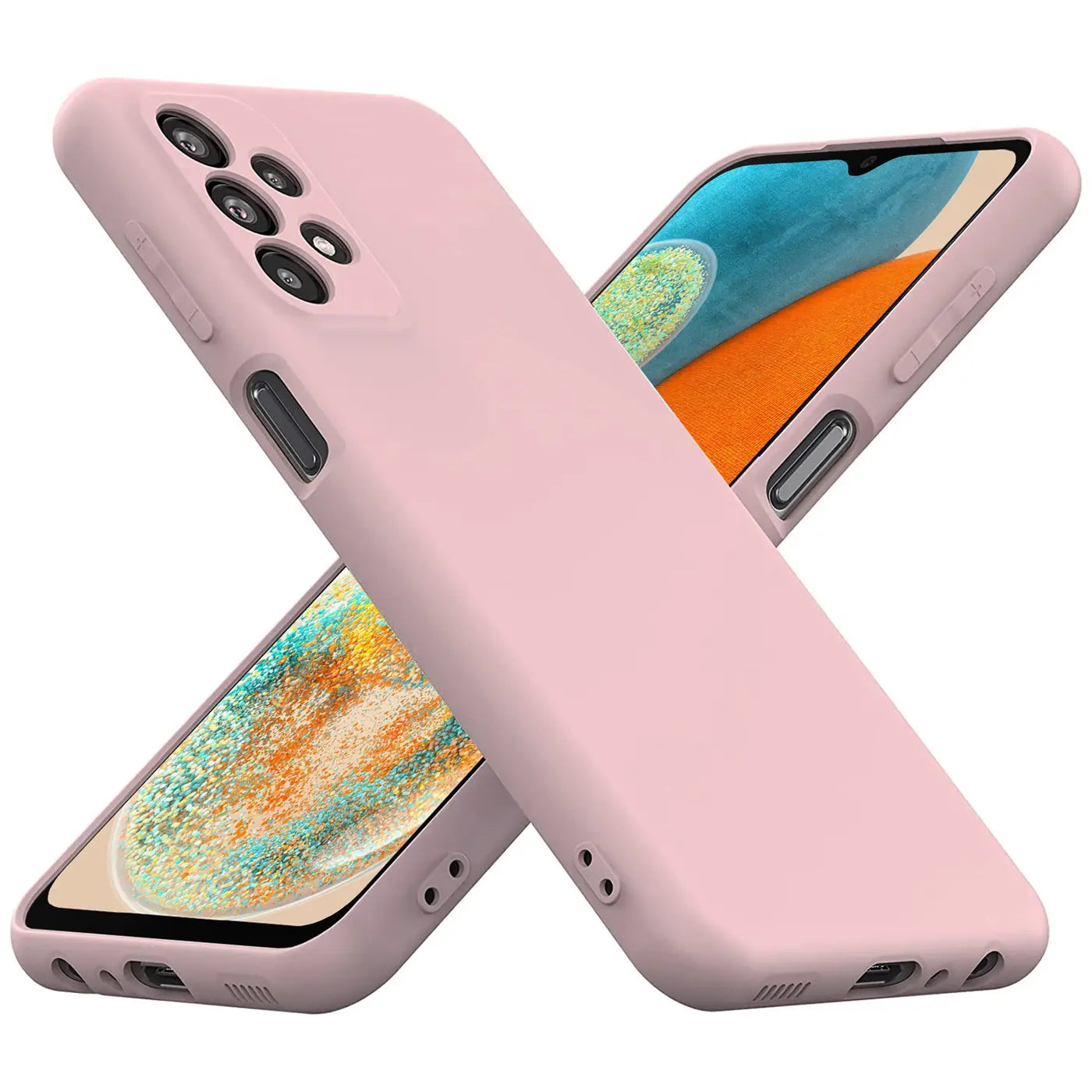 Rosa Silikonhülle für Samsung Galaxy A23 5G, von vorne schräg fotografiert.
