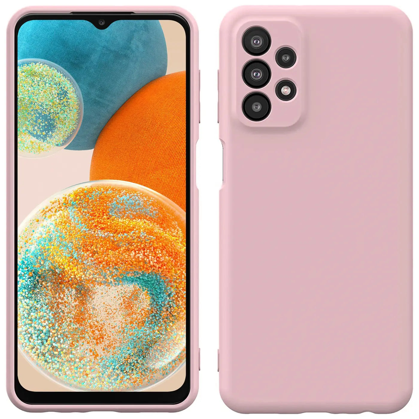 Rosa Silikonhülle, Vorder- und Rückansicht, Samsung Galaxy A23 5G.