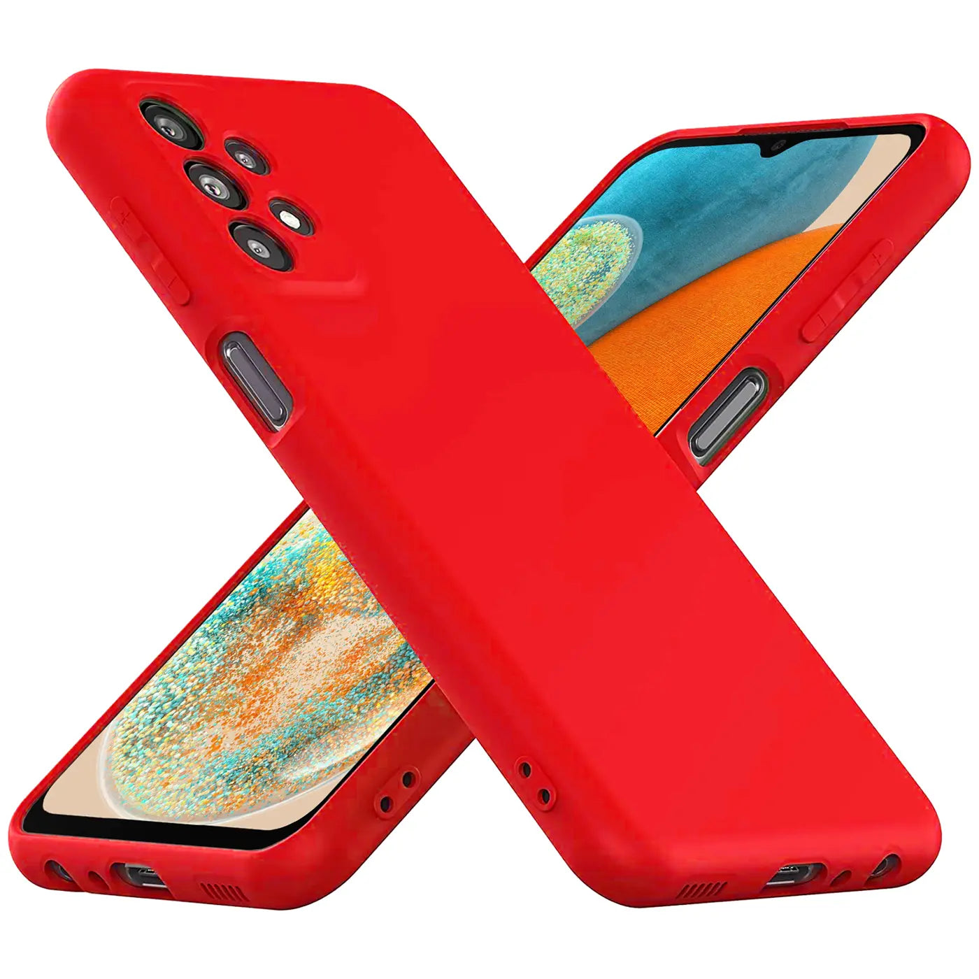 Rote Silikonhülle für Samsung Galaxy A23 5G, von vorne schräg fotografiert.