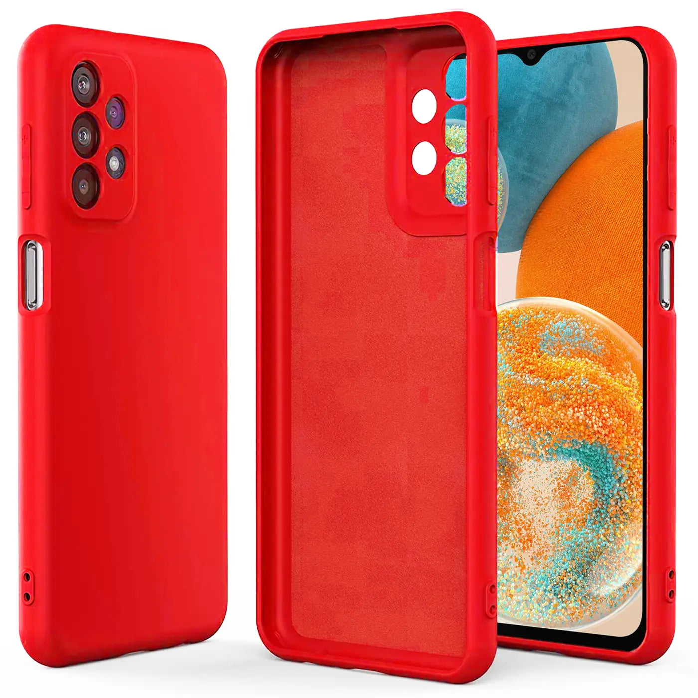 Rote Silikonhülle, Vorder- und Rückansicht, mit Samsung Galaxy A23 5G.