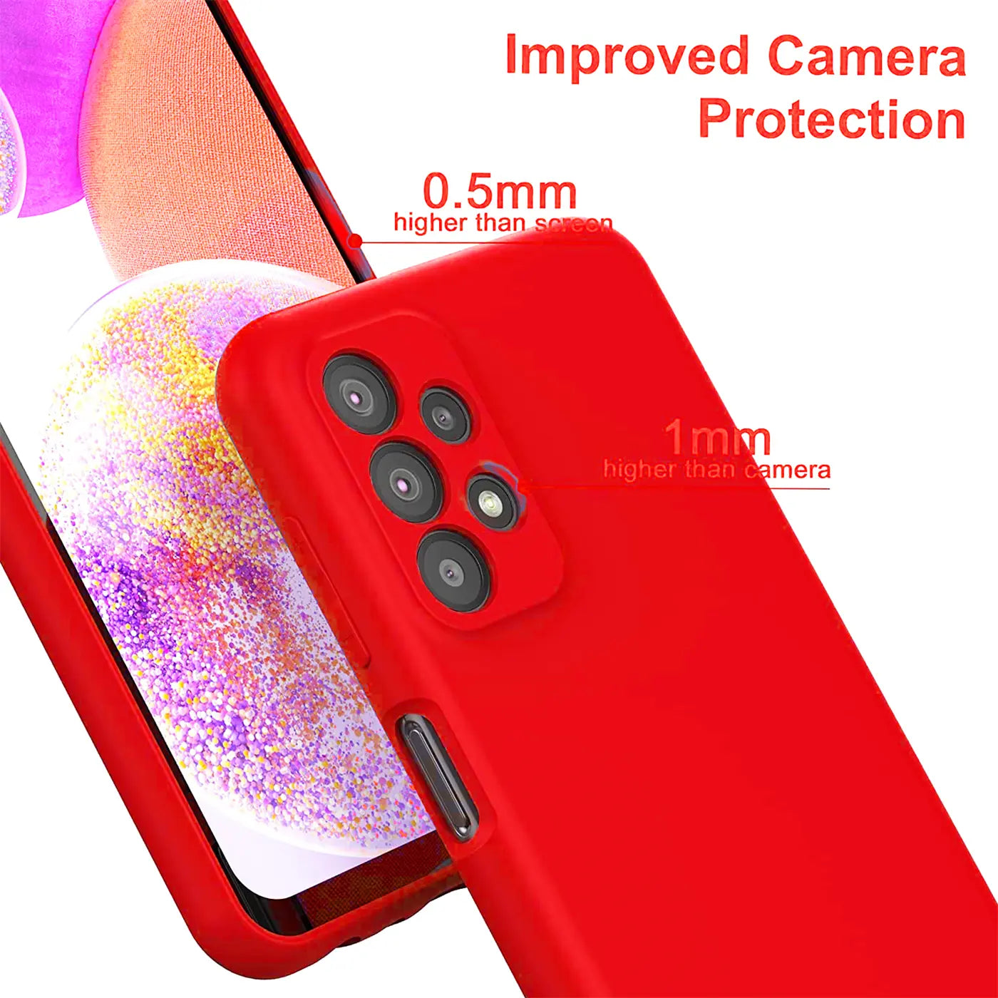 Rote Silikonhülle auf Samsung Galaxy A23 5G, Nahaufnahme Rückseite.