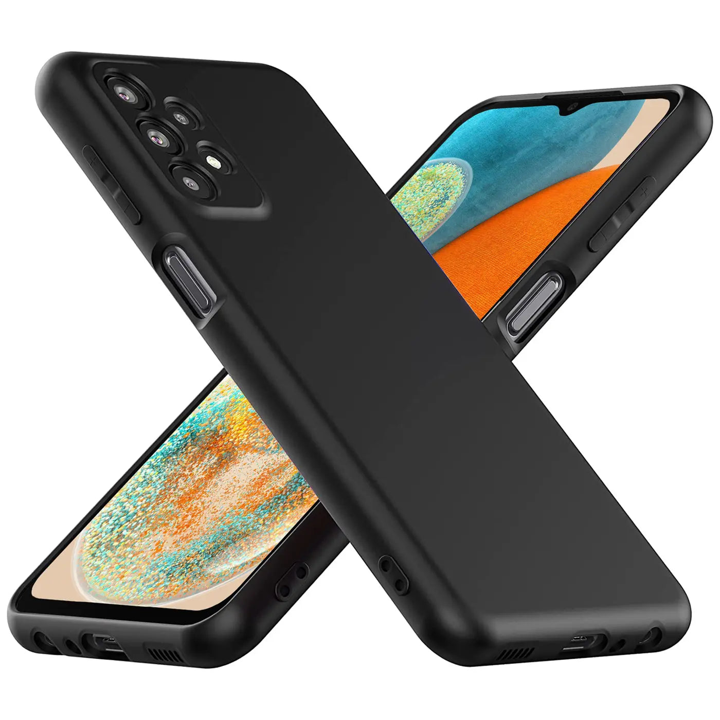 Schwarze Silikonhülle für Samsung Galaxy A23 5G, von schräg oben, Mikrofaser-Innenfutter.