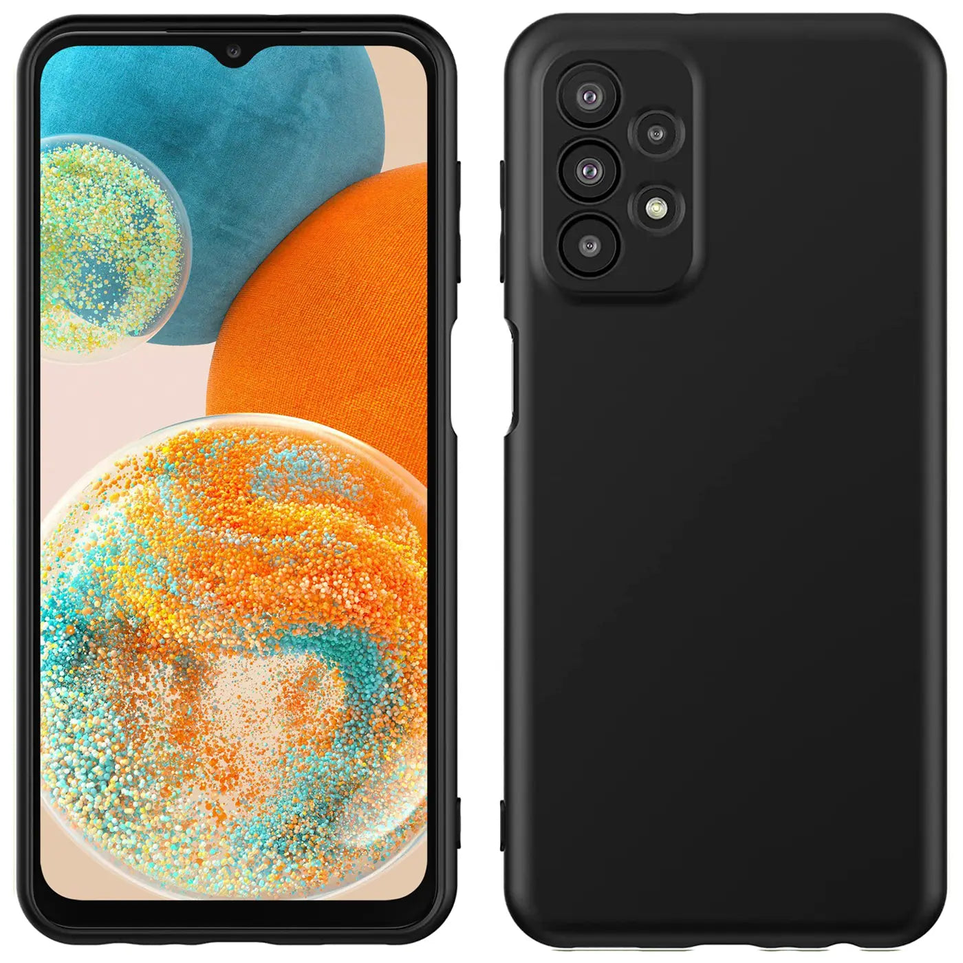 Schwarze Silikonhülle für Samsung Galaxy A23 5G, Rückansicht und Vorderansicht