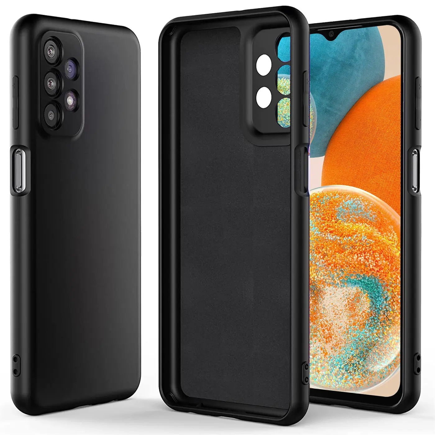 Schwarze Silikonhülle, Mikrofaser-Innenfutter, Vorder- & Rückansicht, Samsung Galaxy A23 5G.