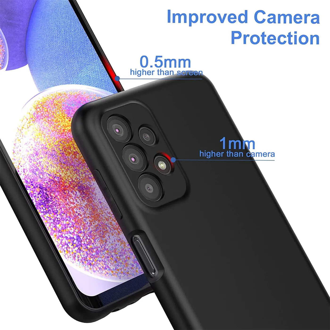 Schwarze Silikonhülle auf Samsung Galaxy A23 5G, Rückansicht, Nahaufnahme.