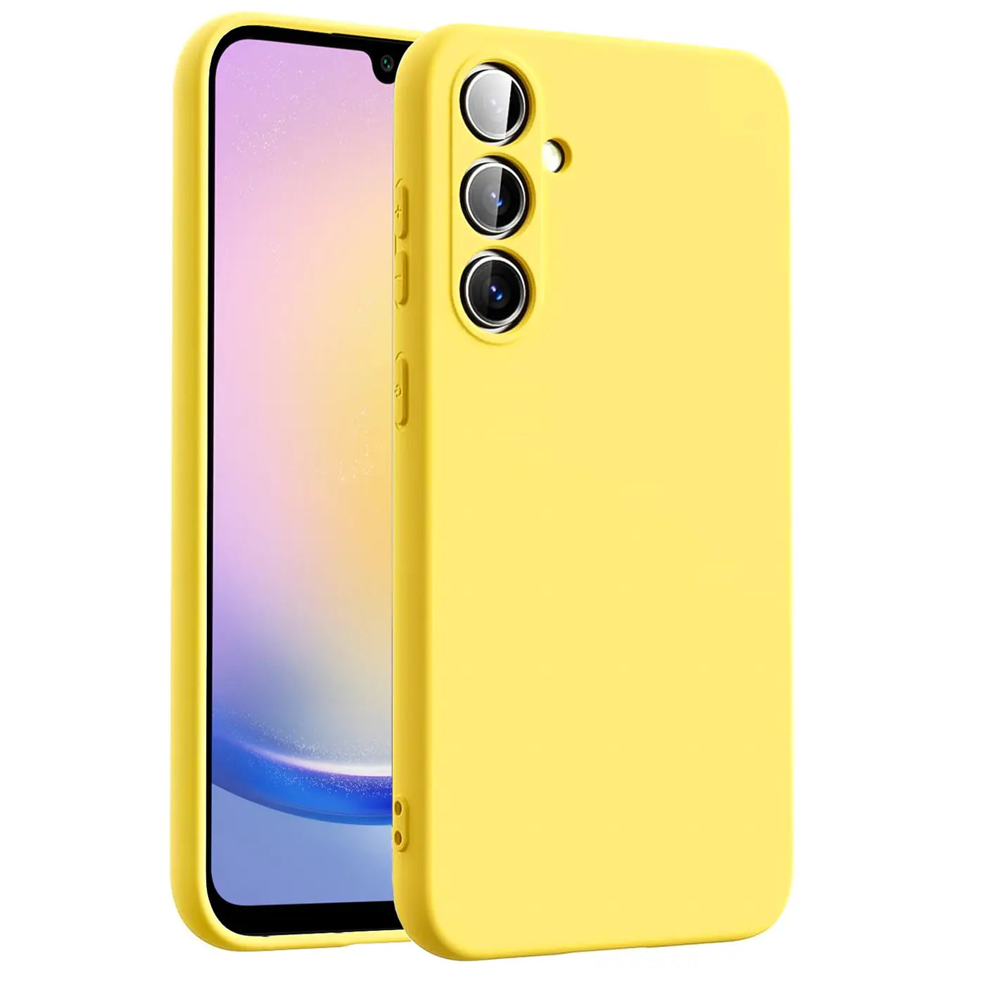 Gelbe Silikonhülle für Samsung Galaxy A25 5G, von vorne links, Mikrofaser-Innenfutter.